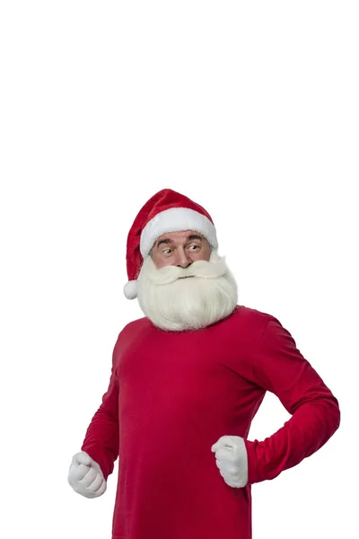 Kerstman Een Witte Achtergrond Grappig Origineel Santa Claus Feliciteert Een — Stockfoto