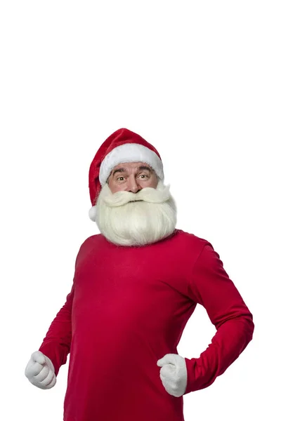 Santa Claus Białym Tle Zabawne Oryginalne Santa Claus Gratuluje Białym — Zdjęcie stockowe