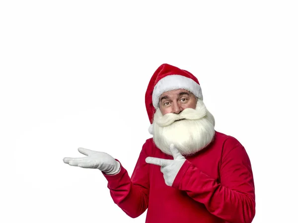Санта Клаус Белом Фоне Смешной Оригинальный Санта Клаус Поздравляет Белым — стоковое фото