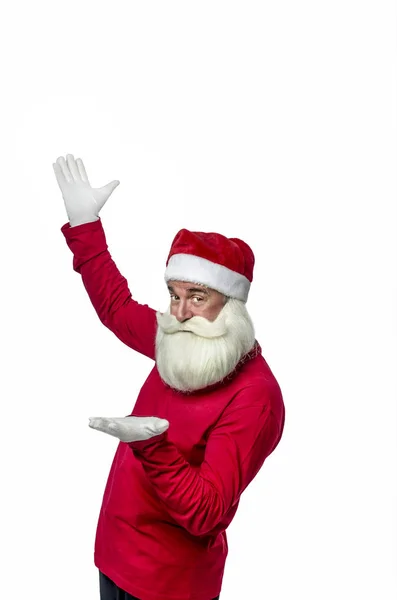 Santa Claus Białym Tle Zabawne Oryginalne Santa Claus Gratuluje Białym — Zdjęcie stockowe
