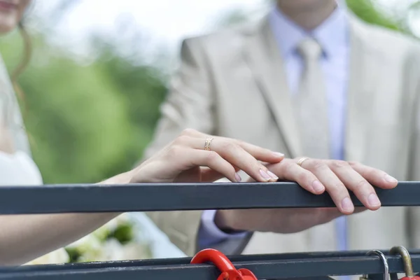 Wedding Theme Style Bride Groom Hands Fingers Lie Decorative Handrail — Stock Photo, Image