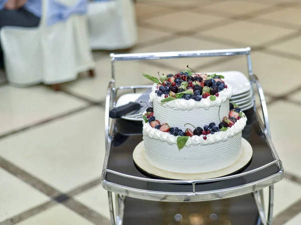 Düğün Tema Stil Güzel Şık Düğün Pastası Bir Stand Bir — Stok fotoğraf