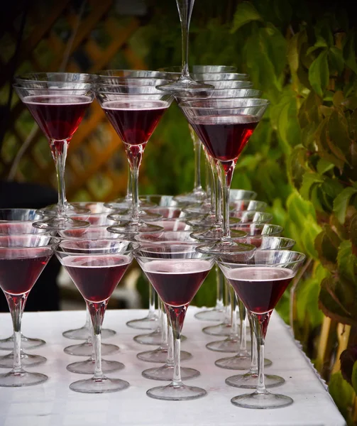 Wedding Theme Style Beautiful Wedding Buffet Glasses Red Wine Put — Stock Photo, Image
