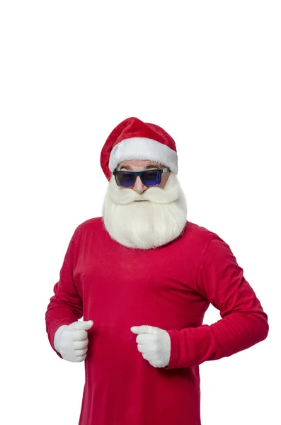 在白色背景的圣诞老人 滑稽和现代圣诞老人在黑眼镜祝贺在白色被隔绝的背景 — 图库照片