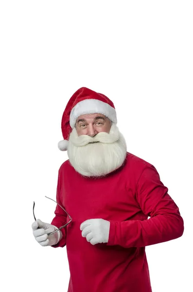 在白色背景的圣诞老人 滑稽和现代圣诞老人在他的手中戴着黑色的眼镜 祝贺在白色被隔绝的背景 — 图库照片