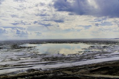 Kış manzarası ve arka plan. Güzel ve ilginç görünümü nehir ve karla kaplı alan