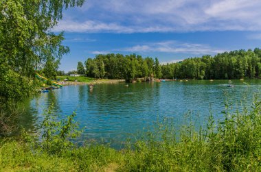 Güzel ve ilginç manzara ve yaz nehir veya göl ile yeşil çalılar ve mavi gökyüzü ile çim.
