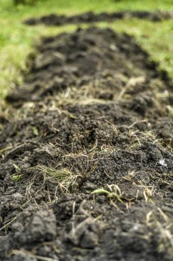 Doğanın güzel manzara. Güzel ve ilginç arka plan ve sürülmüş yatak ve karık yaz öğleden sonra görünümü.