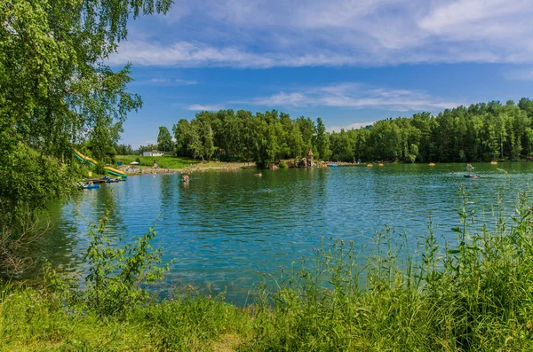 Paisagem Bonita Interessante Vistas Rio Lago Verão Com Arbustos Verdes — Fotografia de Stock