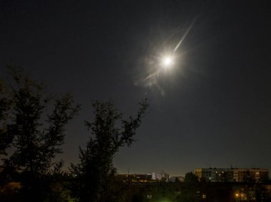 Gece ve ağaçlar moon. Yuvarlak, ağaçlar ve şehrin siyah bir zemin üzerine sarı ay geceleri tam.