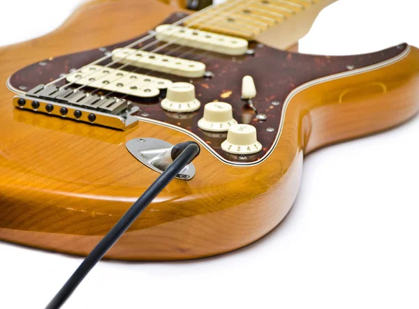 Hermoso Diverso Tema Guitarra Electrónica Amarilla Madera Sobre Fondo Aislante — Foto de Stock