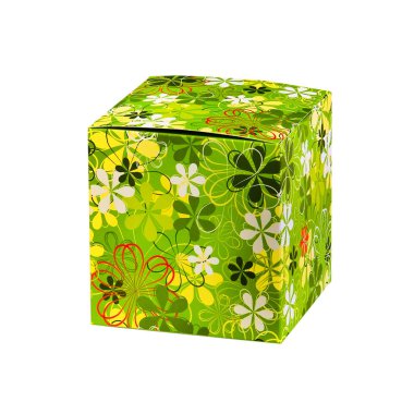 Güzel ve farklı bir konu. Güzel ve şık modern kağıt ambalaj kutuları ve kutuları benekli yeşil ve parlak beyaz bir izole arka plan üzerinde durmak.
