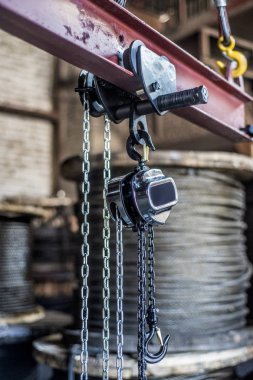Beautiful and diverse subject. Brutal and rigid chains and metal ropes against the background of the factory and factory premises in the industrial landscape. clipart