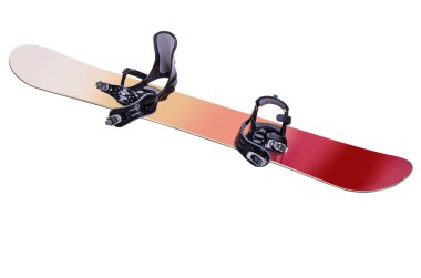 Güzel ve farklı bir konu. Güzel ve özgün bir görünüm ve arka plan üzerinde ilginç bir, yaratıcı ve tasarımcı snowboard, kış spor elbiseler ve donatım beyaz izole zemin üzerinde.