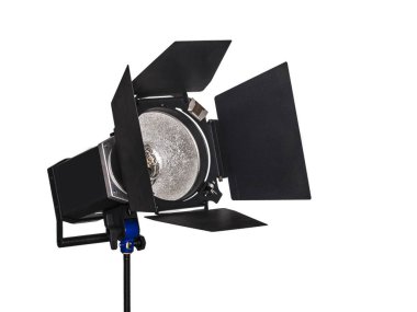 Güzel ve özgün, yaratıcı ve tasarım öğesi fotoğrafik donanımlar, darbeli ışığı, bir lamba ve perdeli ve bir yansıtıcı beyaz izole arka planda bir darbeli ışık jeneratör.