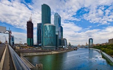 Beautiful and majestic view and background, landscape and panorama of Moscow, skyscrapers and business center Moscow-City in the center of the capital during the day and summer.