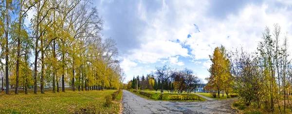 ノヴォシビルスク ロシア連邦 2011 美しい背景とビュー ランドス ケープ 都市公園や路地や秋の雲と青空と建物と広場のパノラマ — ストック写真