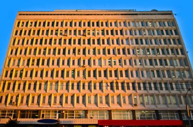 Güzel ve özgün panorama. Güzel arka plan ve görünümü, manzara ve şehrin modern bir yüksek katlı bina günbatımı veya gündoğumu Panoraması.