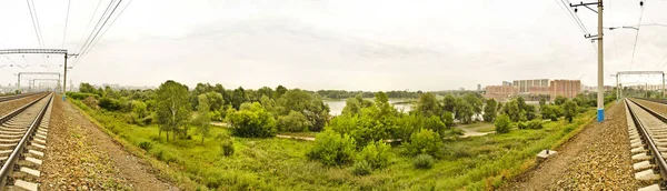 Mooie Originele Panorama Mooie Achtergrond Landschap Uitzicht Panorama Van Spoorlijn — Stockfoto