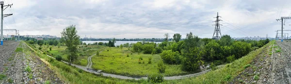 Mooie Originele Panorama Mooie Achtergrond Landschap Uitzicht Panorama Van Spoorlijn — Stockfoto