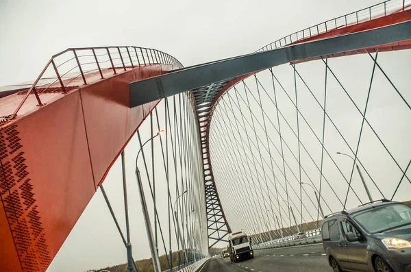 Hermoso Fondo Vista Paisaje Panorama Moderno Tipo Puente Rojo Arqueado —  Fotos de Stock