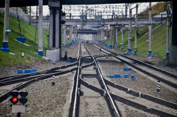 Schöne Aussicht Hintergrund Landschaft Panorama Der Schienen Gleise Und Leitungen — Stockfoto