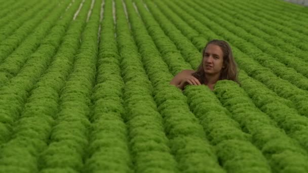 Молодой Вегетарианец Длинными Волосами Лежит Салатном Поле Ест Салат — стоковое видео