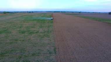 Yeşil traktör alanında çalışan hava dron görüntüleri, çiftçilik günbatımında Filed under