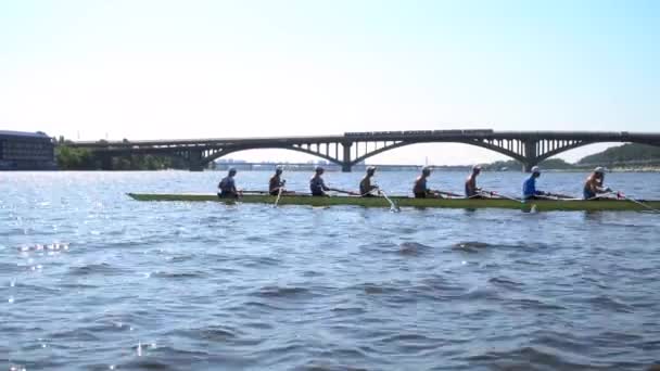 Sommertraining des Ruderteams. 8 Athleten rudern in einem Boot auf dem Fluss Dnipro. Stadtgebiet in Kiew, Ukraine