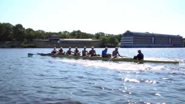 Sommertraining Des Ruderteams Athleten Rudern Einem Boot Auf Dem Fluss — Stockvideo