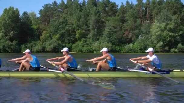 Equipo Remo Entrenamiento Verano Atletas Reman Bote Río Dnipro Zona — Vídeos de Stock