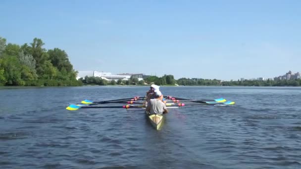 Wioślarze Trenują Latem Sportowców Wioślarzy Łodzi Rzece Dnipro Teren Miasta — Wideo stockowe