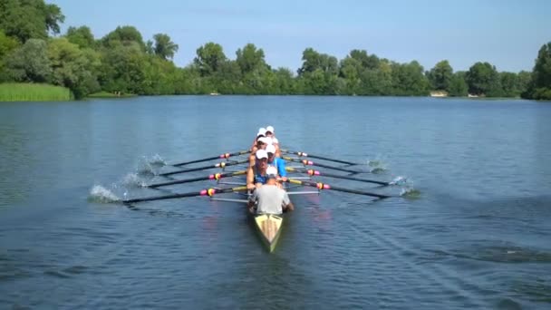 Rowing Team Summer Training Athletes Rowers Boat River Dnipro City — Stock Video