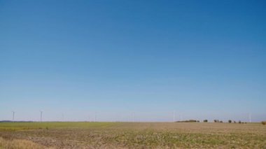 Beyaz rüzgar enerji güç kuleleri grubu, mavi gökyüzü ile yaz aylarında alanında değirmenler. Yeşil, temiz, yenilenebilir enerji