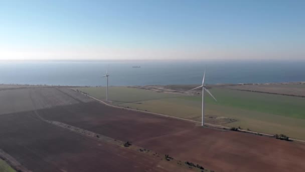 Eine Gruppe Weißer Windkrafttürme Auf Dem Feld Meer Grüne Saubere — Stockvideo