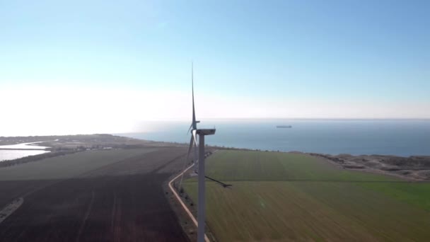 Grupo Torres Energía Eólica Blanca Construye Molinos Campo Junto Mar — Vídeos de Stock