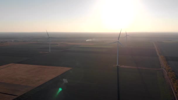 Grupo Torres Energía Eólica Blanca Construye Molinos Campo Contra Puesta — Vídeos de Stock