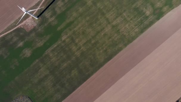 畑に1つの白い風力エネルギー発電所 グリーン クリーン 再生可能エネルギー 航空映像 トップビュー — ストック動画