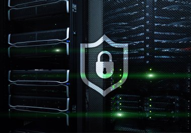 Cyber koruma kalkanı simgesi sunucu Oda arka plan. Bilgi güvenlik ve virüs algılama.