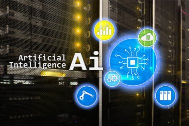 AI, yapay zeka, otomasyon ve modern bilgi teknolojisi kavramı sanal ekran üzerinde.