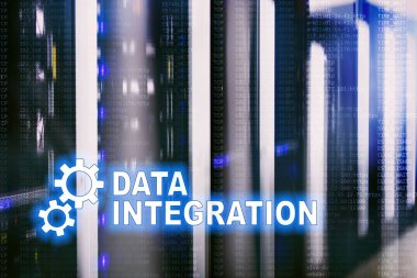 Veri entegrasyon bilgi teknolojisi kavramı sunucu Oda arka plan üzerinde. Veri entegrasyon bilgi teknolojisi kavramı sunucu Oda zemin üzerine.