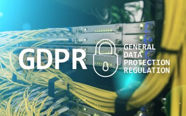 Gdpr, genel veri koruma yönetmeliği uyum. Sunucu odası arka plan.