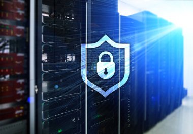 Cyber koruma kalkanı simgesi sunucu Oda arka plan. Bilgi güvenlik ve virüs algılama.