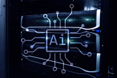 AI, yapay zeka, otomasyon ve modern bilgi teknolojisi kavramı sanal ekran üzerinde.