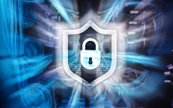 Cyber Protection Shield Icon Server Room Background Information Security Virus — Stock Photo, Image