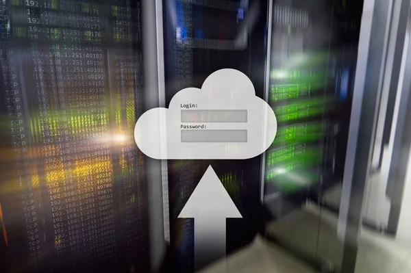 Cloud storage, data access, login and password request window on server room background. Internet and technology concept.Cloud storage, data access, login and password request window on server room background. Internet and technology concept.