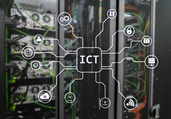 ICT - information and communications technology concept on server room background.ICT - information and communications technology concept on server room background.