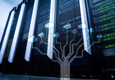 Bulut sunucu ve bilgisayar, veri depolama ve işleme. Internet ve teknoloji kavramı.