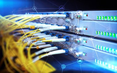Telekomünikasyon kavramı soyut ağ yapısı ve sunucu Oda arka plan ile.