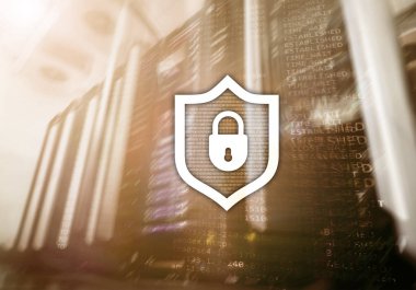 Cyber koruma kalkanı simgesi sunucu Oda arka plan. Bilgi güvenlik ve virüs algılama.